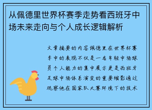 从佩德里世界杯赛季走势看西班牙中场未来走向与个人成长逻辑解析 从佩德里世界杯赛季走势看西班牙中场未来走向与个人成长逻辑解析
