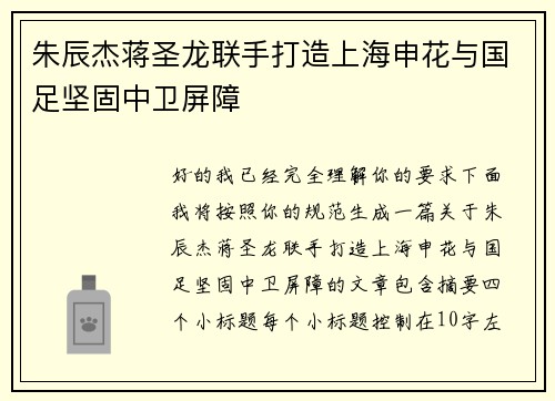 朱辰杰蒋圣龙联手打造上海申花与国足坚固中卫屏障