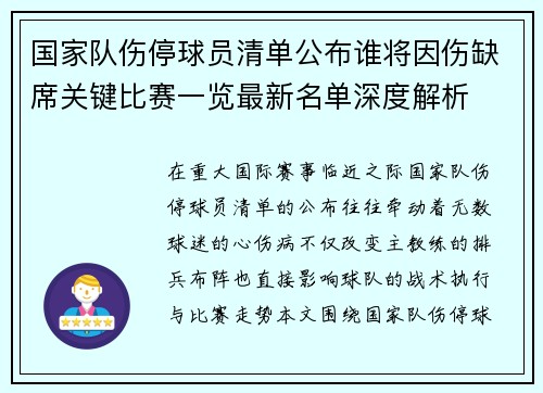 国家队伤停球员清单公布谁将因伤缺席关键比赛一览最新名单深度解析 国家队伤停球员清单公布谁将因伤缺席关键比赛一览最新名单深度解析