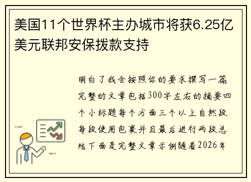 美国11个世界杯主办城市将获6.25亿美元联邦安保拨款支持 美国11个世界杯主办城市将获6.25亿美元联邦安保拨款支持
